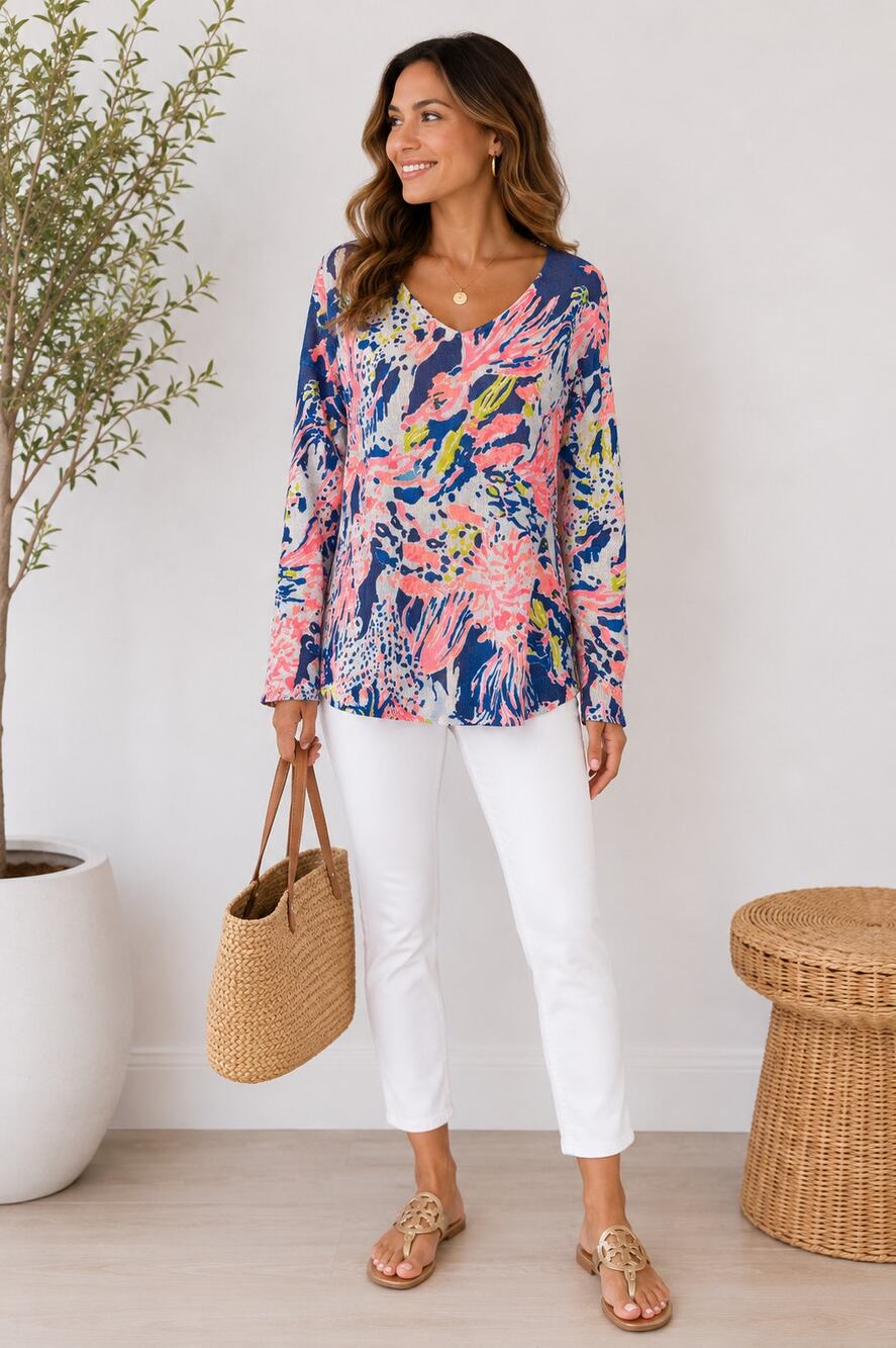 Lilly Pulitzer Linen Tunic Top XS Pink Blue Tropical Print Long Sleeve Resort
